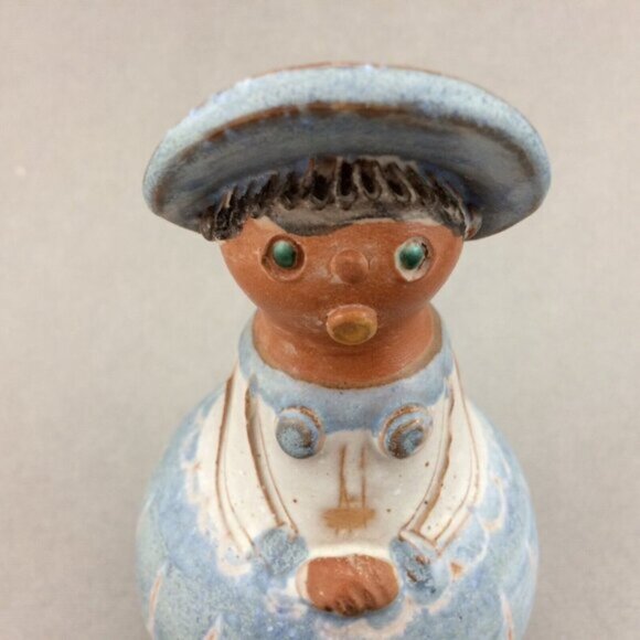 Vtg Ilona Kiss Rooz MCM Signed Ceramic Woman Figurine Blue Hat Face on Chest 5" - Picture 7 of 16